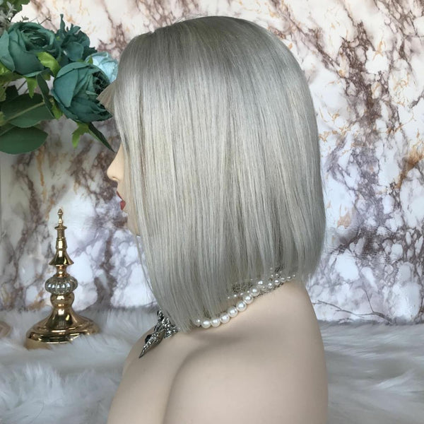 Brazilian Virgin Unprocessed Human Hair Lace Frontal  Straight Silver Bob Wig