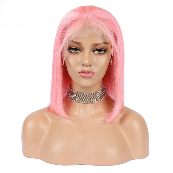 Brazilian Virgin Unprocessed Human Hair Lace Frontal Straight Pink Bob Wig