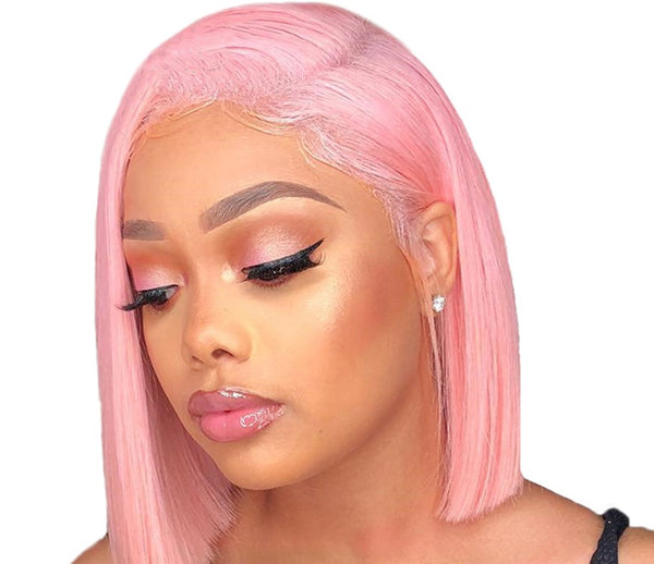 Brazilian Virgin Unprocessed Human Hair Lace Frontal Straight Pink Bob Wig